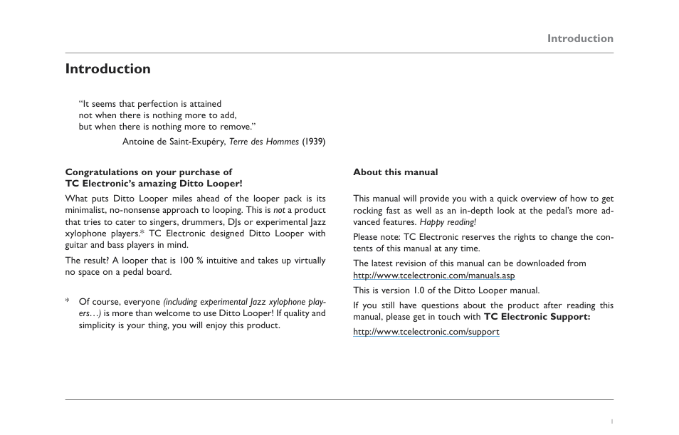 Introduction, Introduction 1 | TC Electronic Ditto Looper User Manual | Page 3 / 12