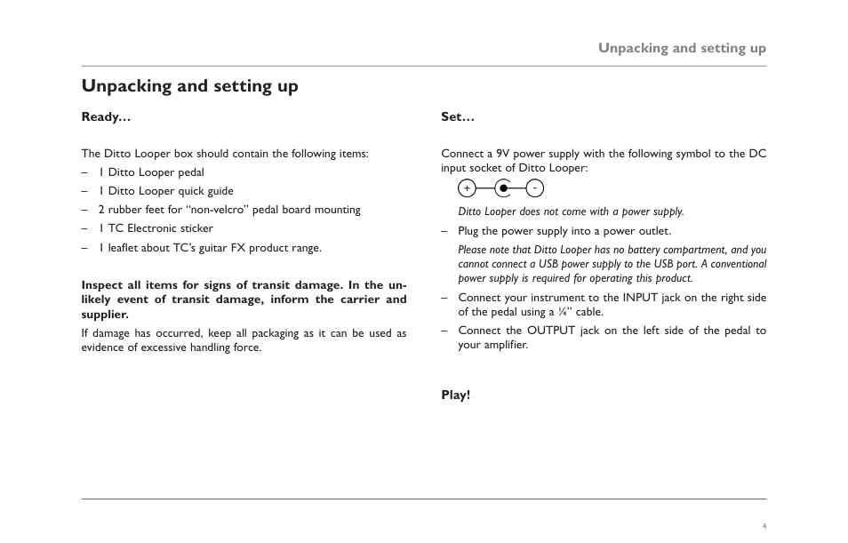Unpacking and setting up | TC Electronic Ditto Looper User Manual | Page 6 / 12