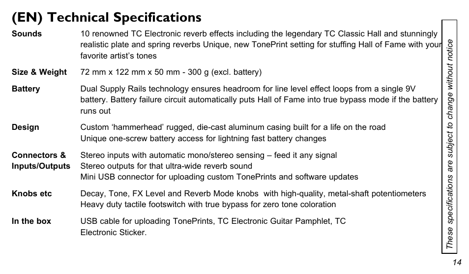 En) technical specifications | TC Electronic Hall of Fame Reverb User Manual | Page 14 / 15