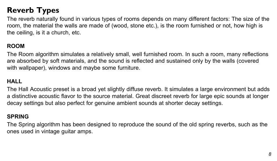Reverb types | TC Electronic Hall of Fame Reverb User Manual | Page 8 / 15