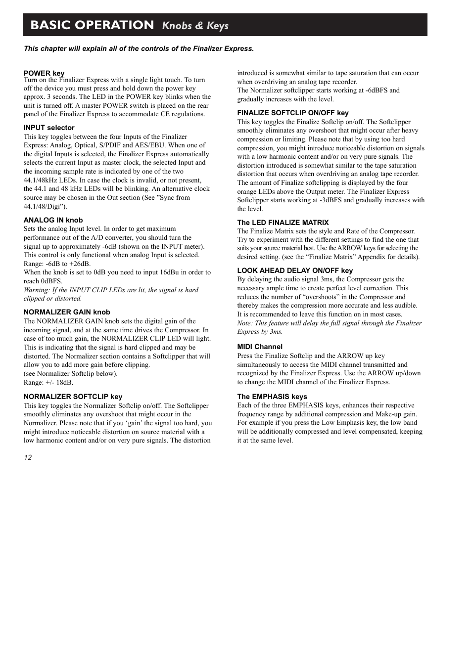 Basic operation, Knobs & keys | TC Electronic Finalizer Express User Manual | Page 14 / 33