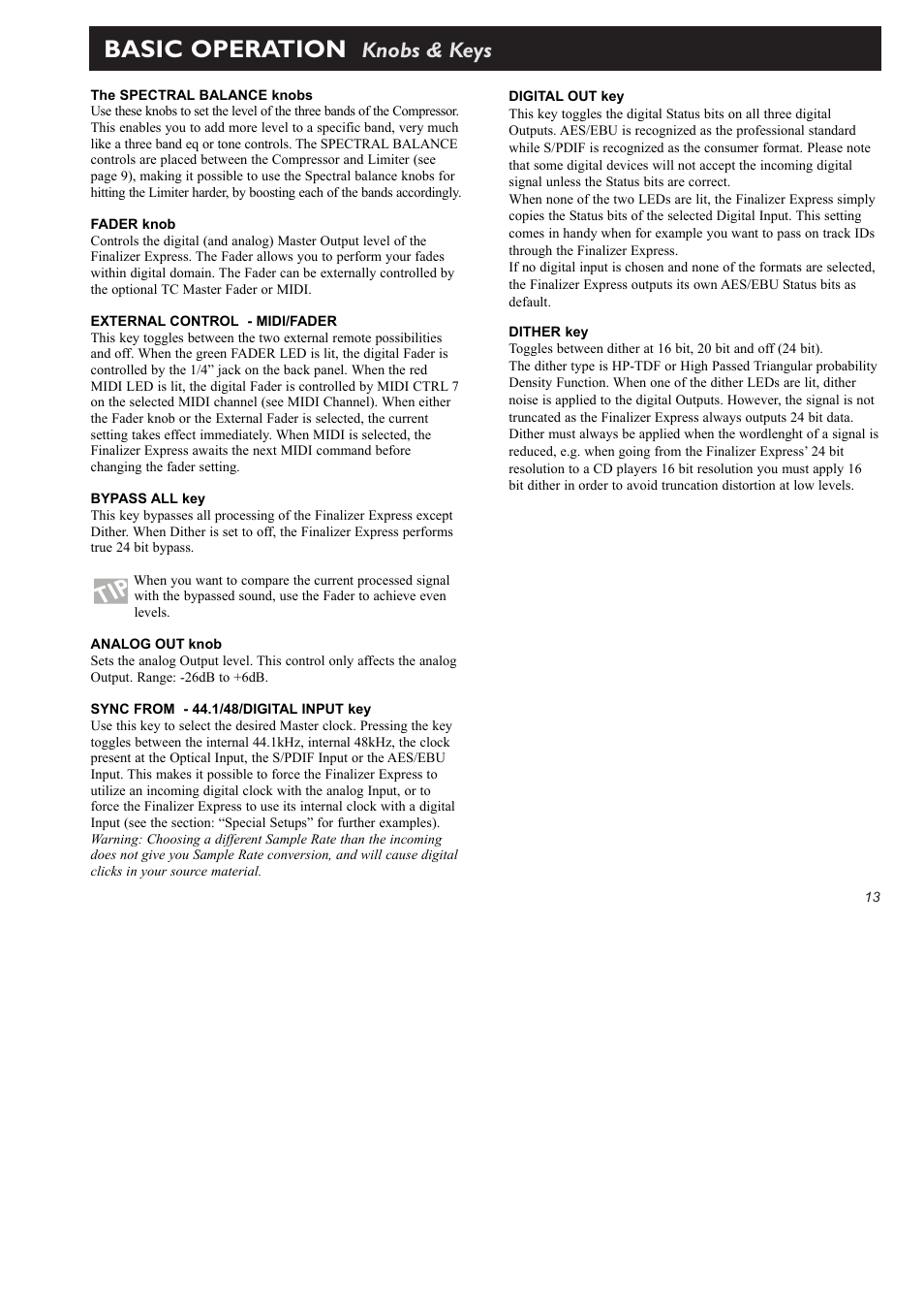 Basic operation, Knobs & keys | TC Electronic Finalizer Express User Manual | Page 15 / 33