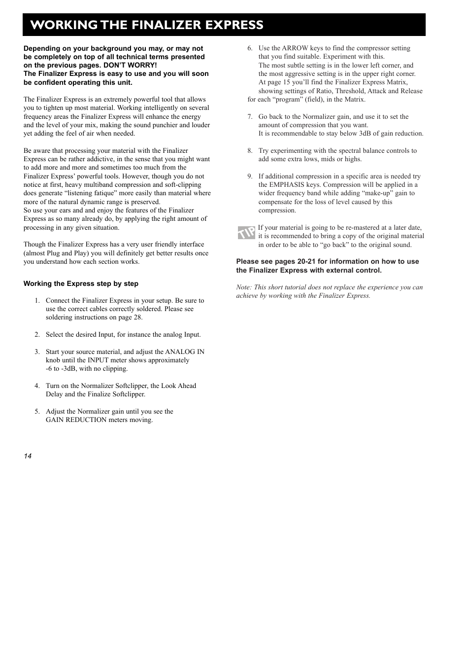 Working the finalizer express | TC Electronic Finalizer Express User Manual | Page 16 / 33