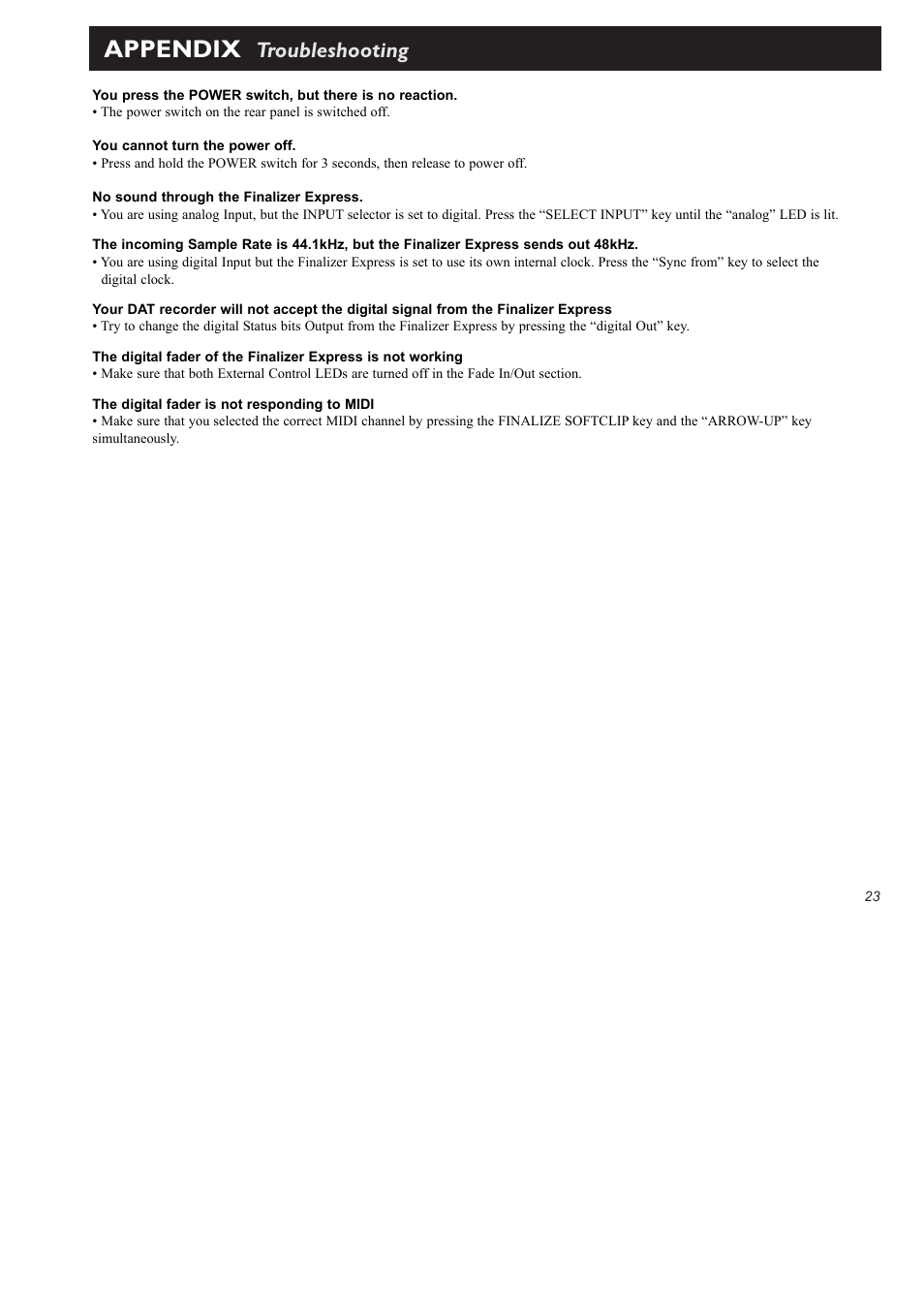 Appendix, Troubleshooting | TC Electronic Finalizer Express User Manual | Page 25 / 33
