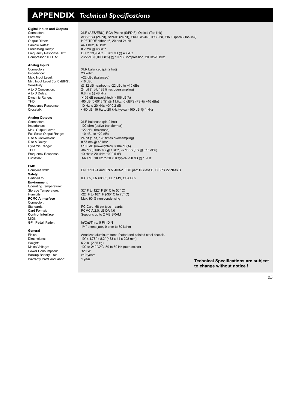 Appendix, Technical specifications | TC Electronic Finalizer Express User Manual | Page 27 / 33