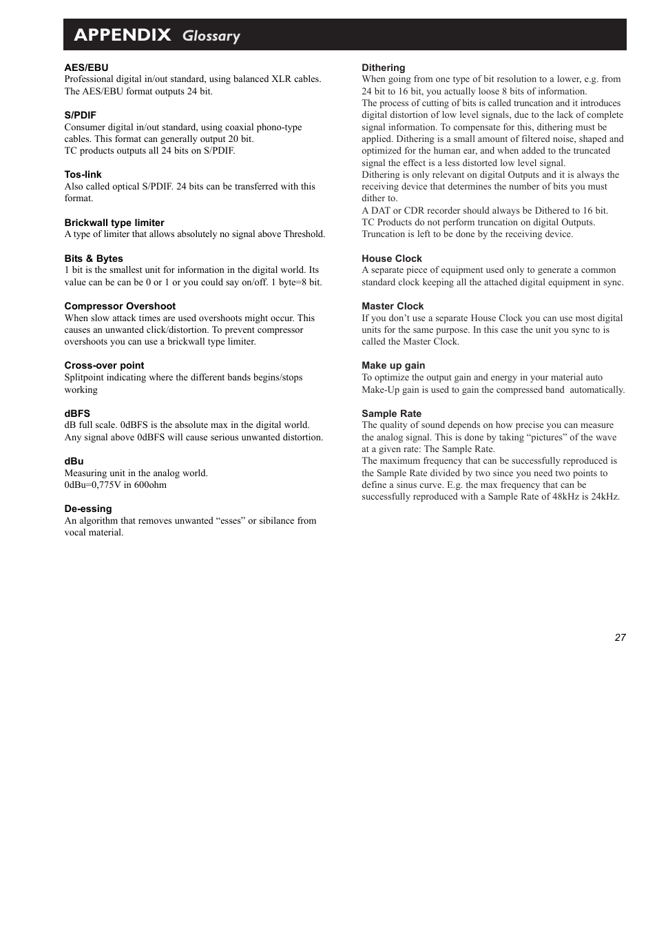 Appendix, Glossary | TC Electronic Finalizer Express User Manual | Page 29 / 33