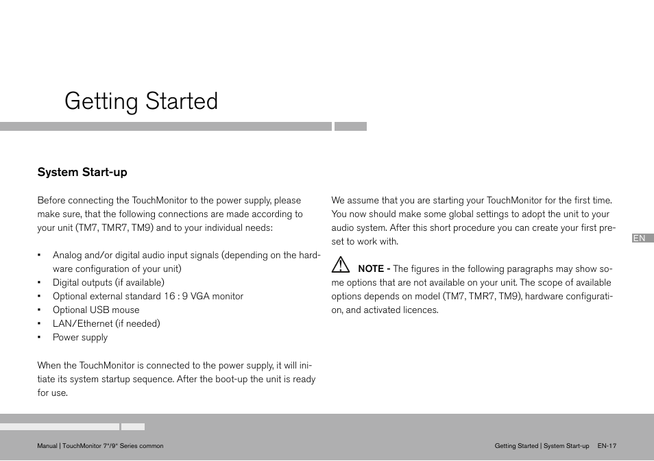 Getting started, System start-up, Ec declaration of conformity 35 | TC Electronic TouchMonitor User Manual | Page 17 / 38