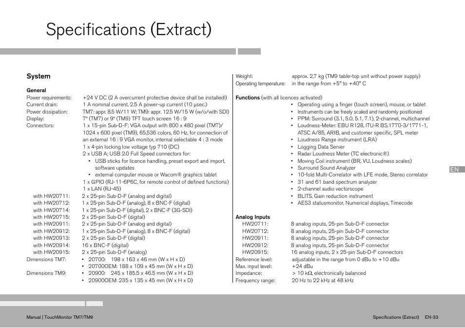 Specifications (extract), Speciﬁ cations (extract) | TC Electronic TouchMonitor User Manual | Page 33 / 38