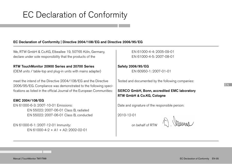 Ec declaration of conformity | TC Electronic TouchMonitor User Manual | Page 35 / 38