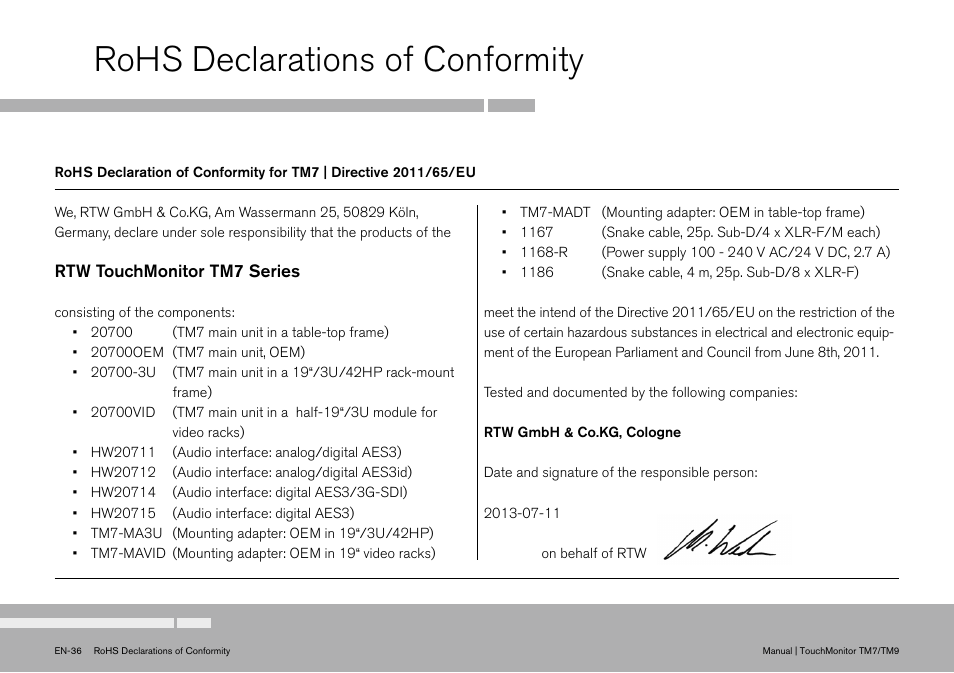 Rohs declarations of conformity, Touchmonitor tm7 series | TC Electronic TouchMonitor User Manual | Page 36 / 38