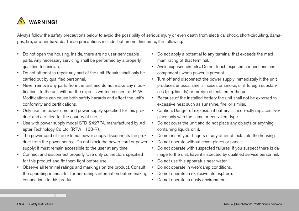 Warning | TC Electronic TouchMonitor User Manual | Page 4 / 38