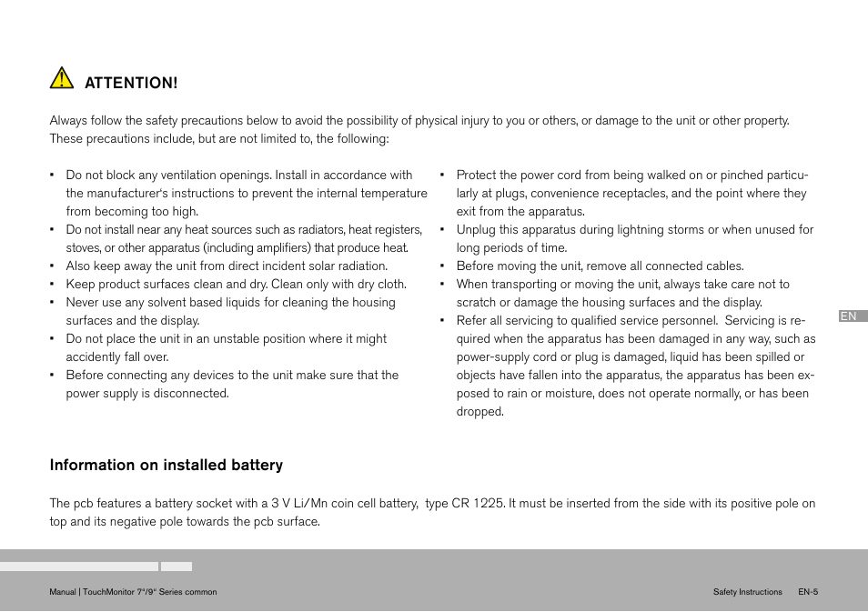 Attention | TC Electronic TouchMonitor User Manual | Page 5 / 38