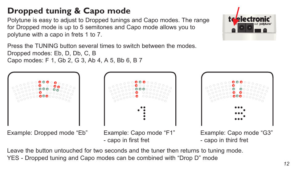 Dropped tuning & capo mode | TC Electronic PolyTune Classic User Manual | Page 12 / 17