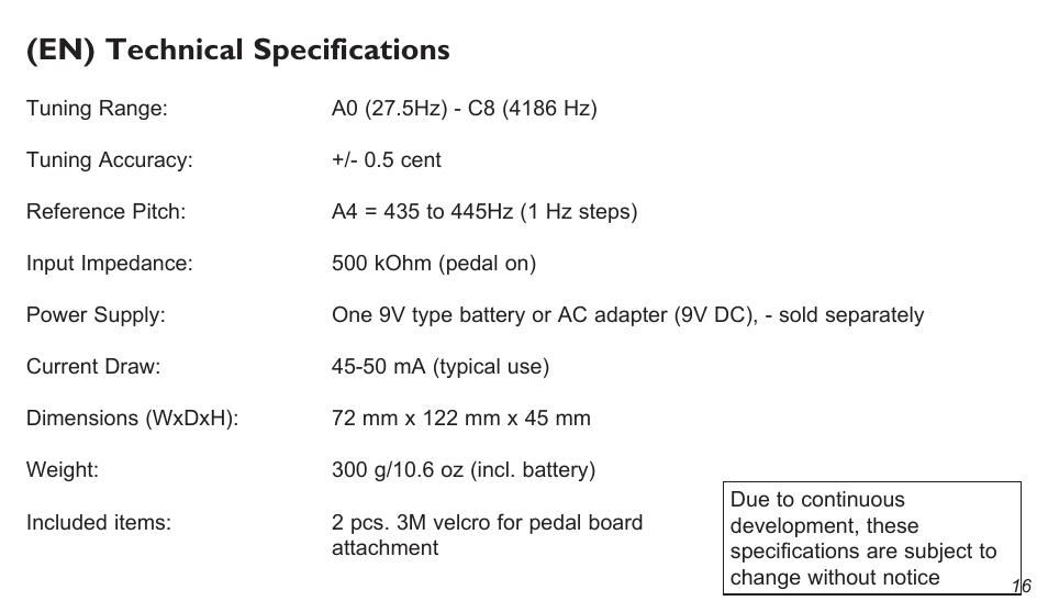 En) technical specifications | TC Electronic PolyTune Classic User Manual | Page 16 / 17