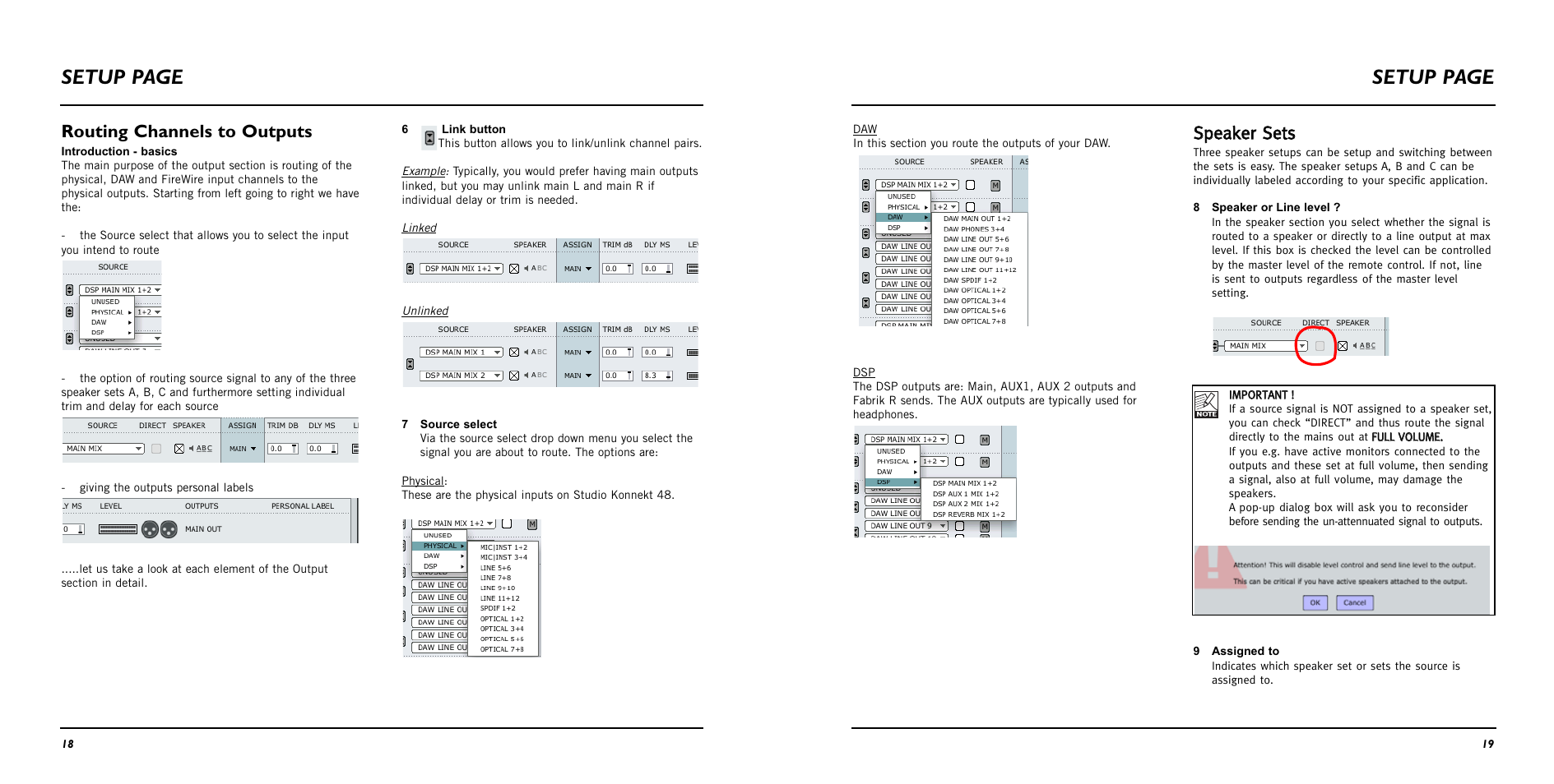 Setup page, Ssp pe ea ak ke err s se ettss, Routing channels to outputs | TC Electronic Studio Konnekt 48 User Manual | Page 11 / 37