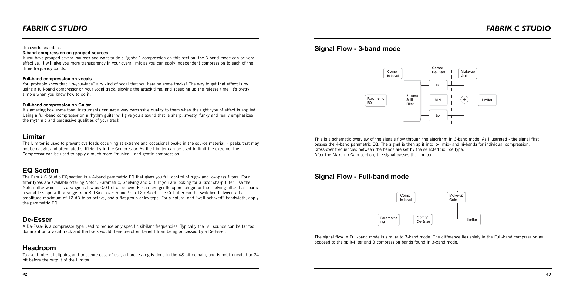 Fabrik c studio, Limiter, De-esser | Headroom, Signal flow - 3-band mode, Signal flow - full-band mode | TC Electronic Studio Konnekt 48 User Manual | Page 23 / 37