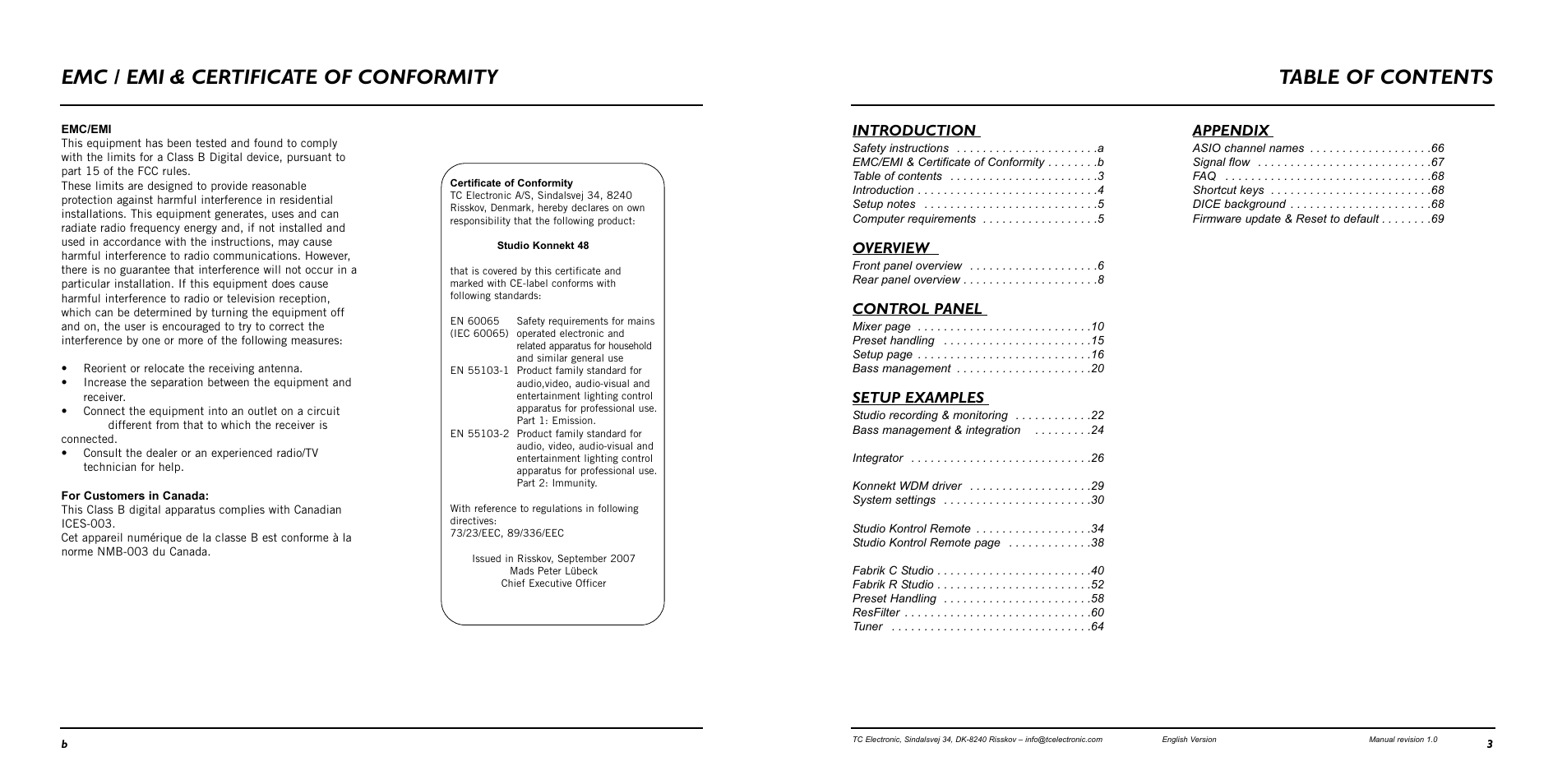 Introduction, Overview, Control panel | Setup examples, Appendix | TC Electronic Studio Konnekt 48 User Manual | Page 3 / 37