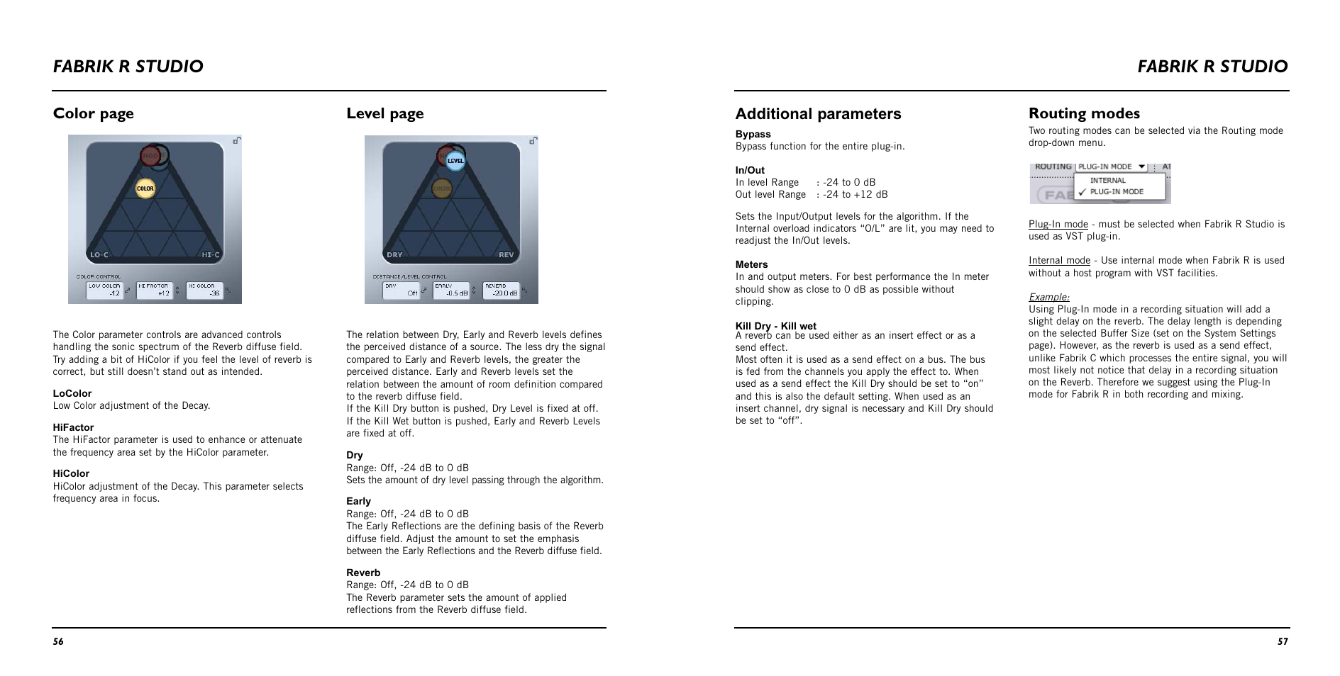 Fabrik r studio, Additional parameters, Color page level page | Routing modes | TC Electronic Studio Konnekt 48 User Manual | Page 30 / 37