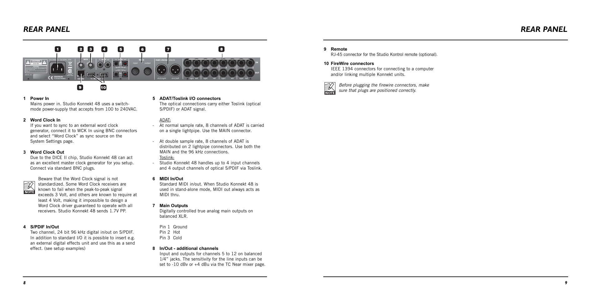 Rear panel, Risk of electric shock do not open | TC Electronic Studio Konnekt 48 User Manual | Page 6 / 37