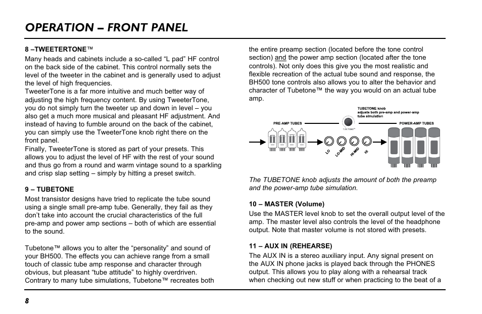 Operation – front panel | TC Electronic BH500 User Manual | Page 10 / 20