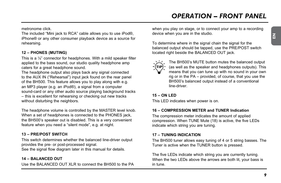 Operation – front panel | TC Electronic BH500 User Manual | Page 11 / 20