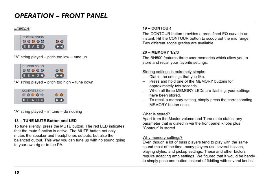 Operation – front panel | TC Electronic BH500 User Manual | Page 12 / 20