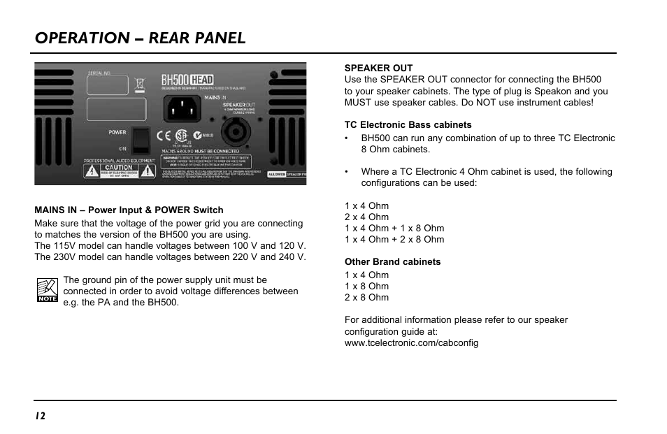 Operation – rear panel | TC Electronic BH500 User Manual | Page 14 / 20