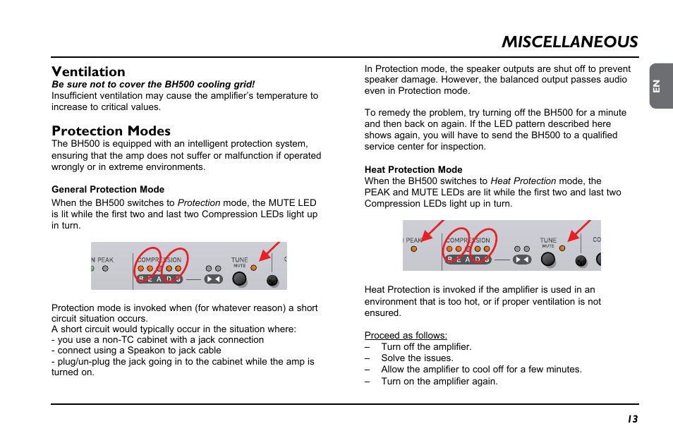 Miscellaneous, Ventilation, Protection modes | TC Electronic BH500 User Manual | Page 15 / 20