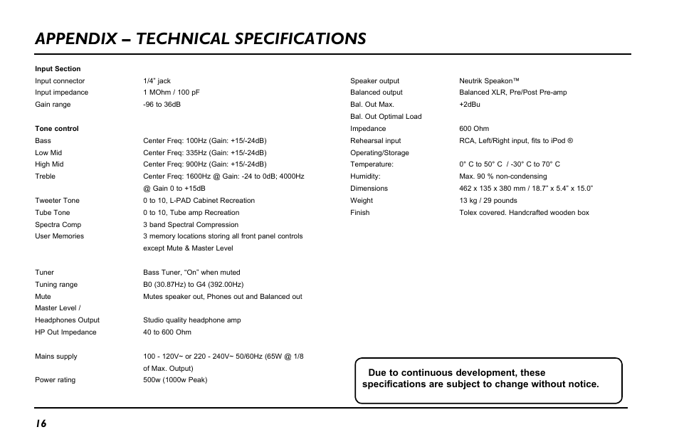Appendix – technical specifications | TC Electronic BH500 User Manual | Page 18 / 20