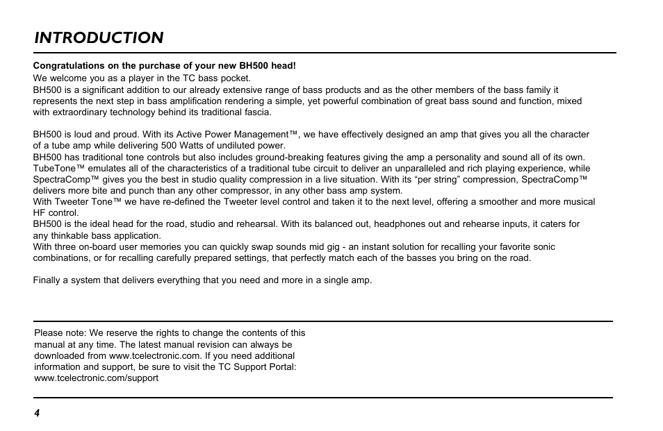 Introduction | TC Electronic BH500 User Manual | Page 6 / 20