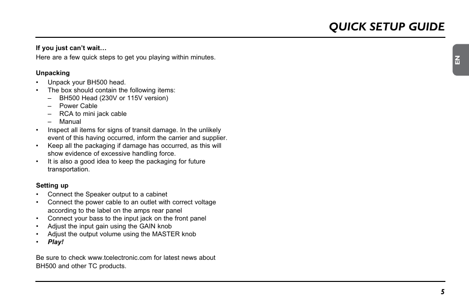 Quick setup guide | TC Electronic BH500 User Manual | Page 7 / 20