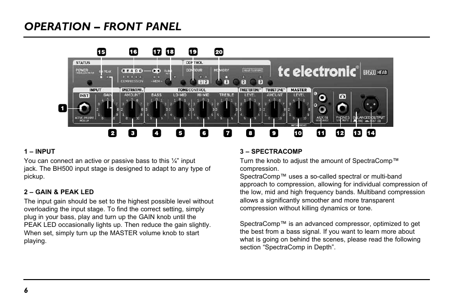Operation – front panel | TC Electronic BH500 User Manual | Page 8 / 20
