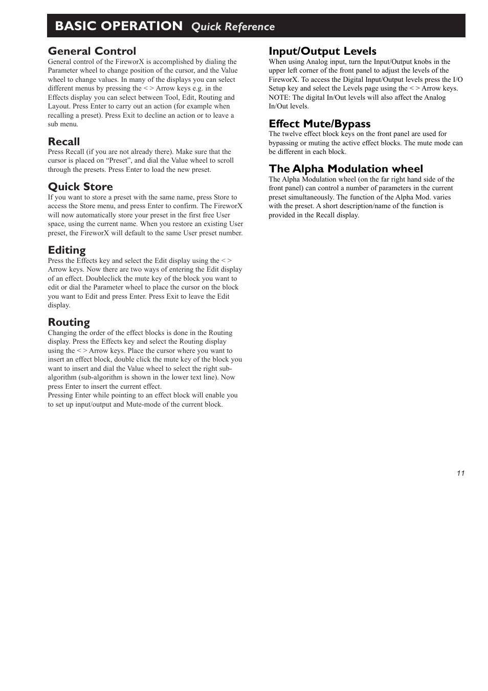 Basic operation, General control, Recall | Quick store, Editing, Routing, Quick reference input/output levels, Effect mute/bypass, The alpha modulation wheel | TC Electronic FireworX User Manual | Page 13 / 82