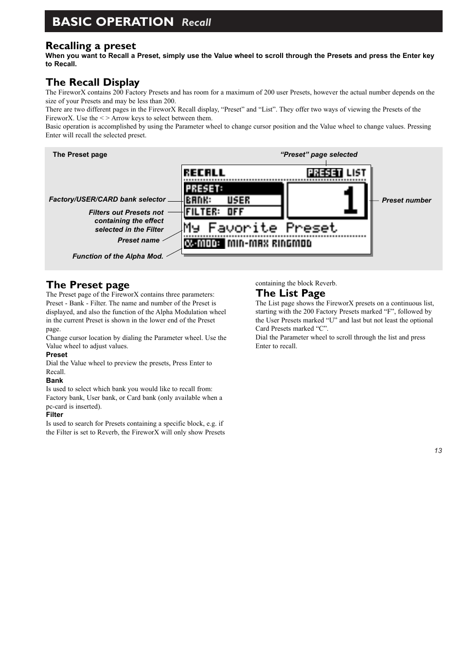 Basic operation, Recall the preset page, The list page | Recalling a preset, The recall display | TC Electronic FireworX User Manual | Page 15 / 82