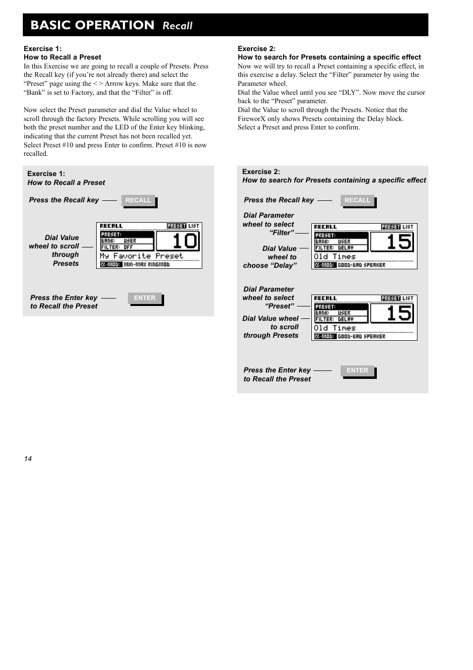 Basic operation, Recall | TC Electronic FireworX User Manual | Page 16 / 82
