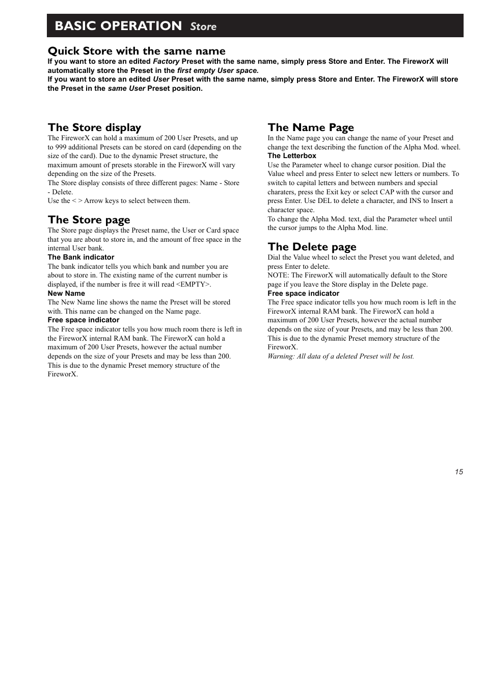 Basic operation, Store quick store with the same name, The store display | The store page, The name page, The delete page | TC Electronic FireworX User Manual | Page 17 / 82