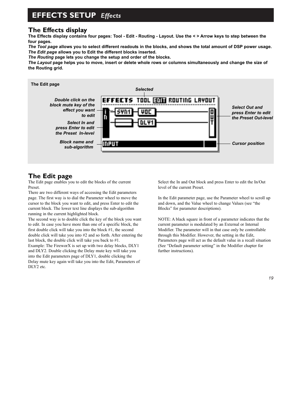 Effects setup, Effects the effects display, The edit page | TC Electronic FireworX User Manual | Page 21 / 82