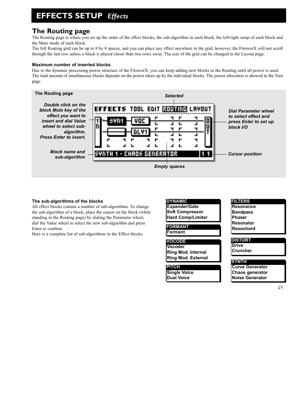 Effects setup, Effects, The routing page | TC Electronic FireworX User Manual | Page 23 / 82