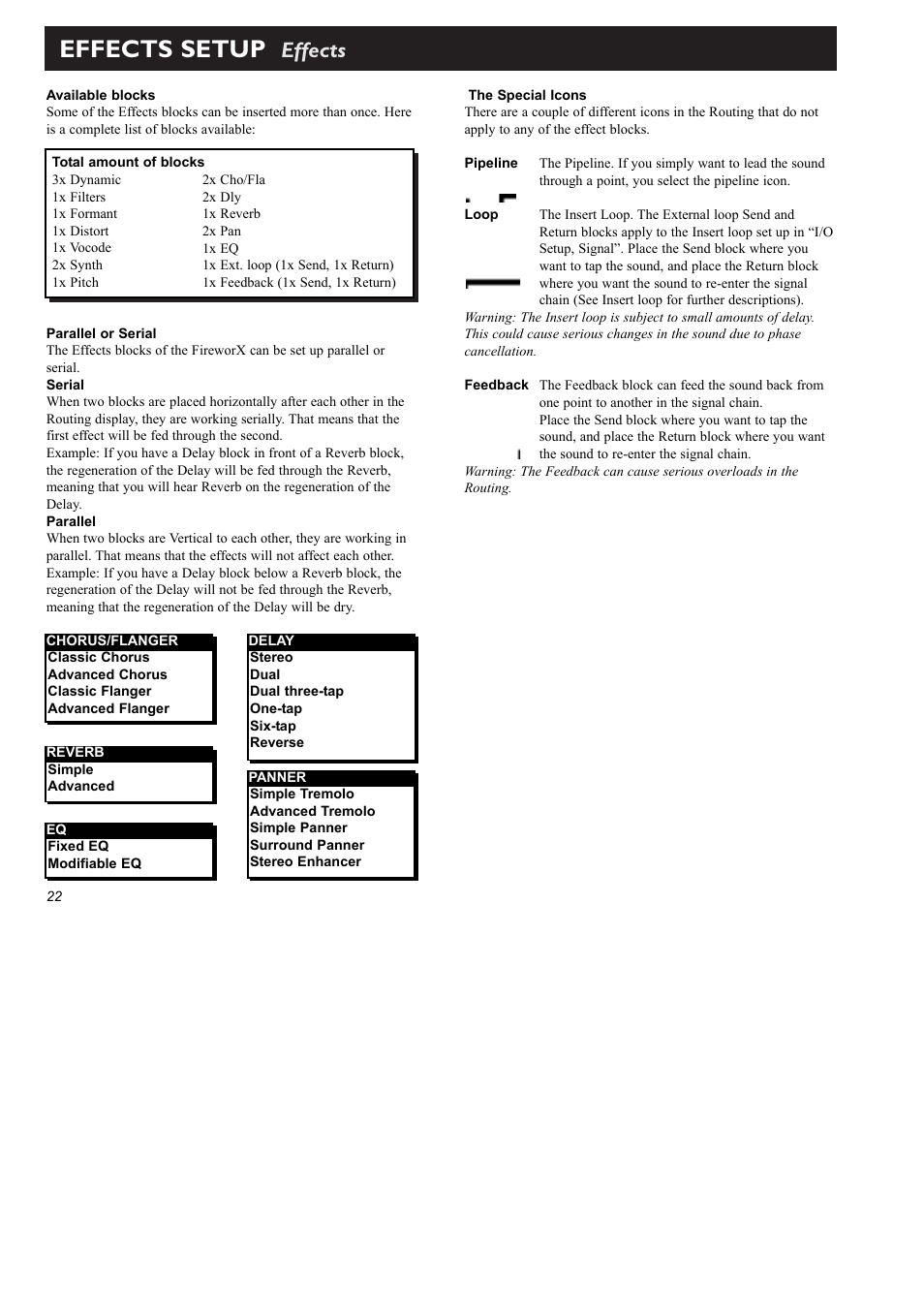 Effects setup, Effects | TC Electronic FireworX User Manual | Page 24 / 82