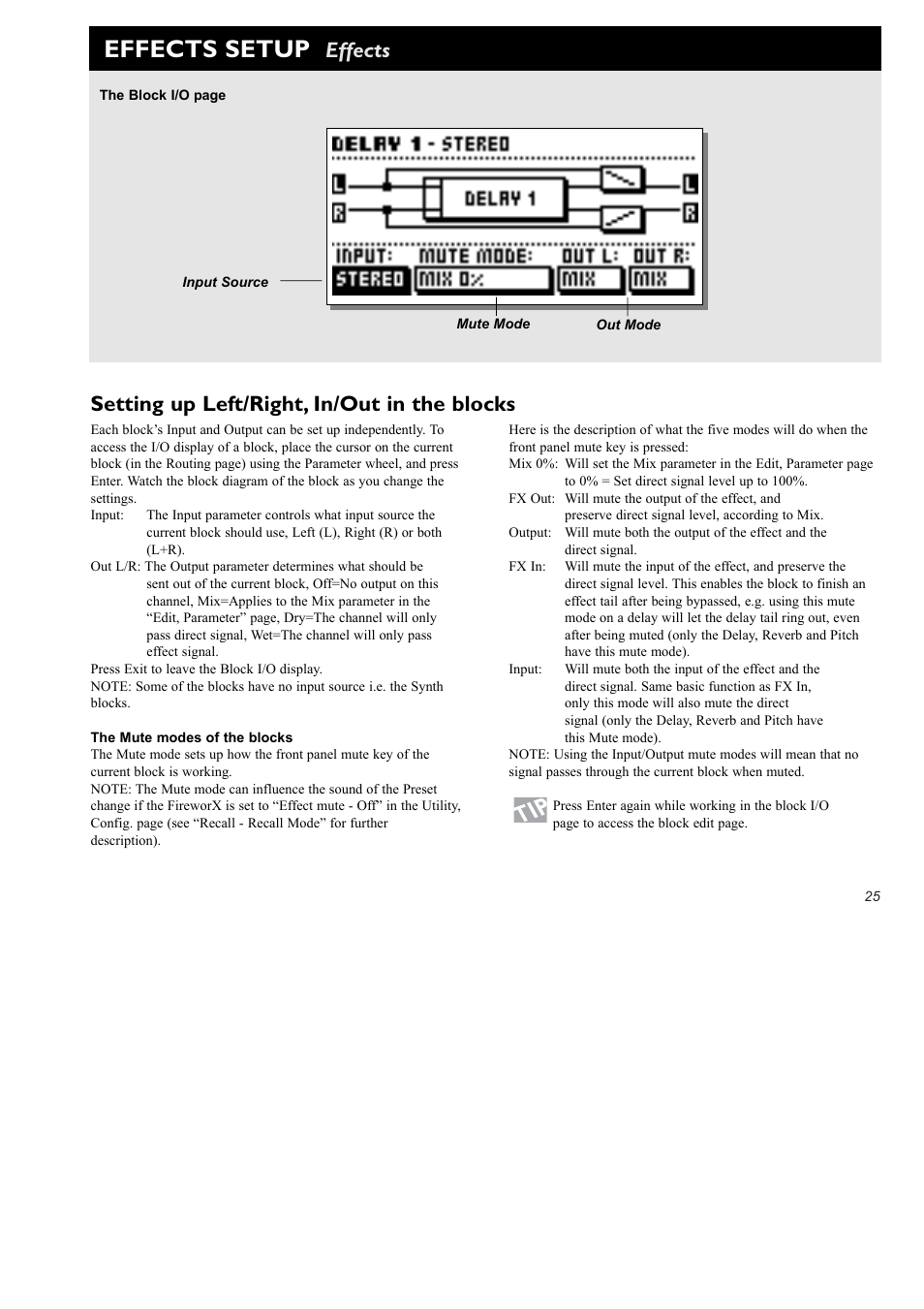 Effects setup, Effects, Setting up left/right, in/out in the blocks | TC Electronic FireworX User Manual | Page 27 / 82