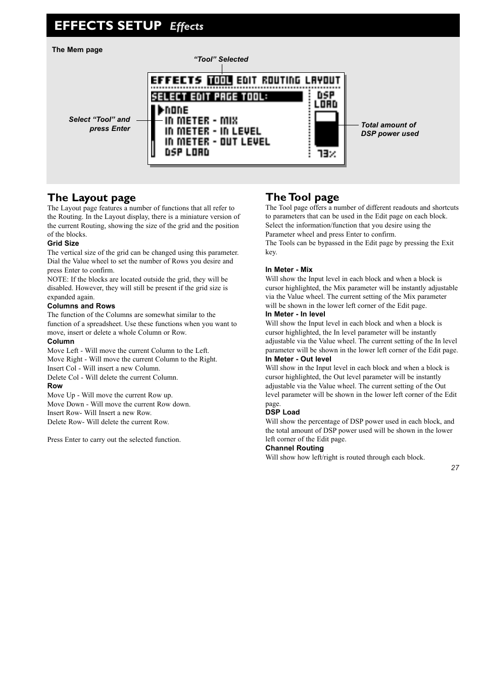Effects setup, Effects the layout page, The tool page | TC Electronic FireworX User Manual | Page 29 / 82