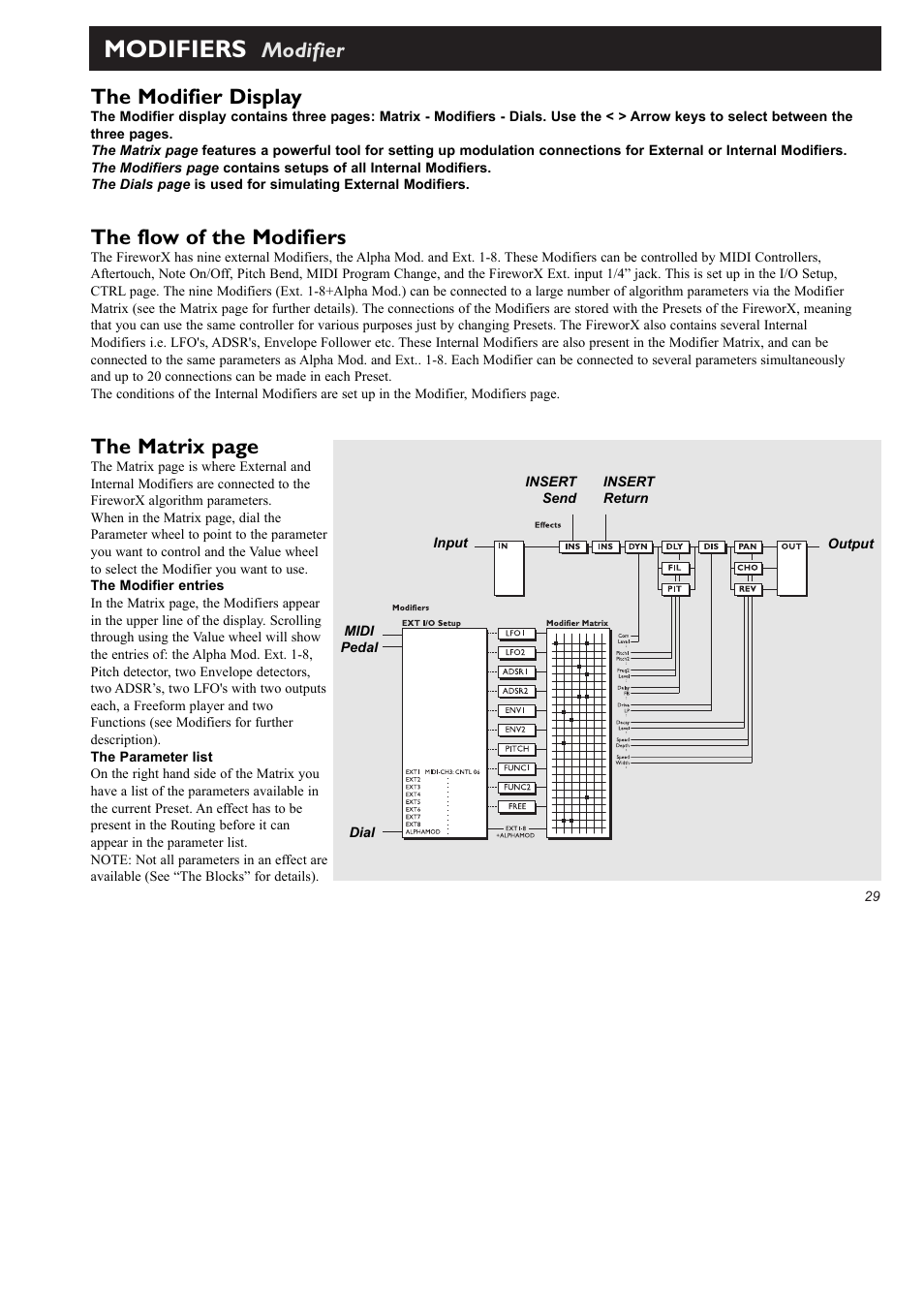 Modifiers, Modifier the matrix page, The modifier display | The flow of the modifiers | TC Electronic FireworX User Manual | Page 31 / 82