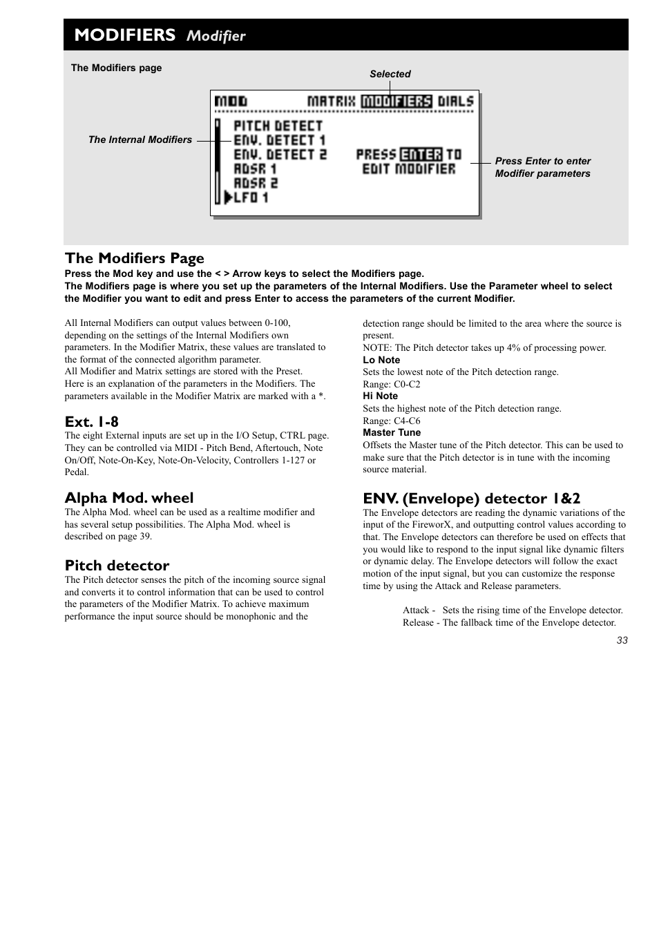 Modifiers, The modifiers page, Ext. 1-8 | Alpha mod. wheel, Pitch detector, Env. (envelope) detector 1&2, Modifier | TC Electronic FireworX User Manual | Page 35 / 82