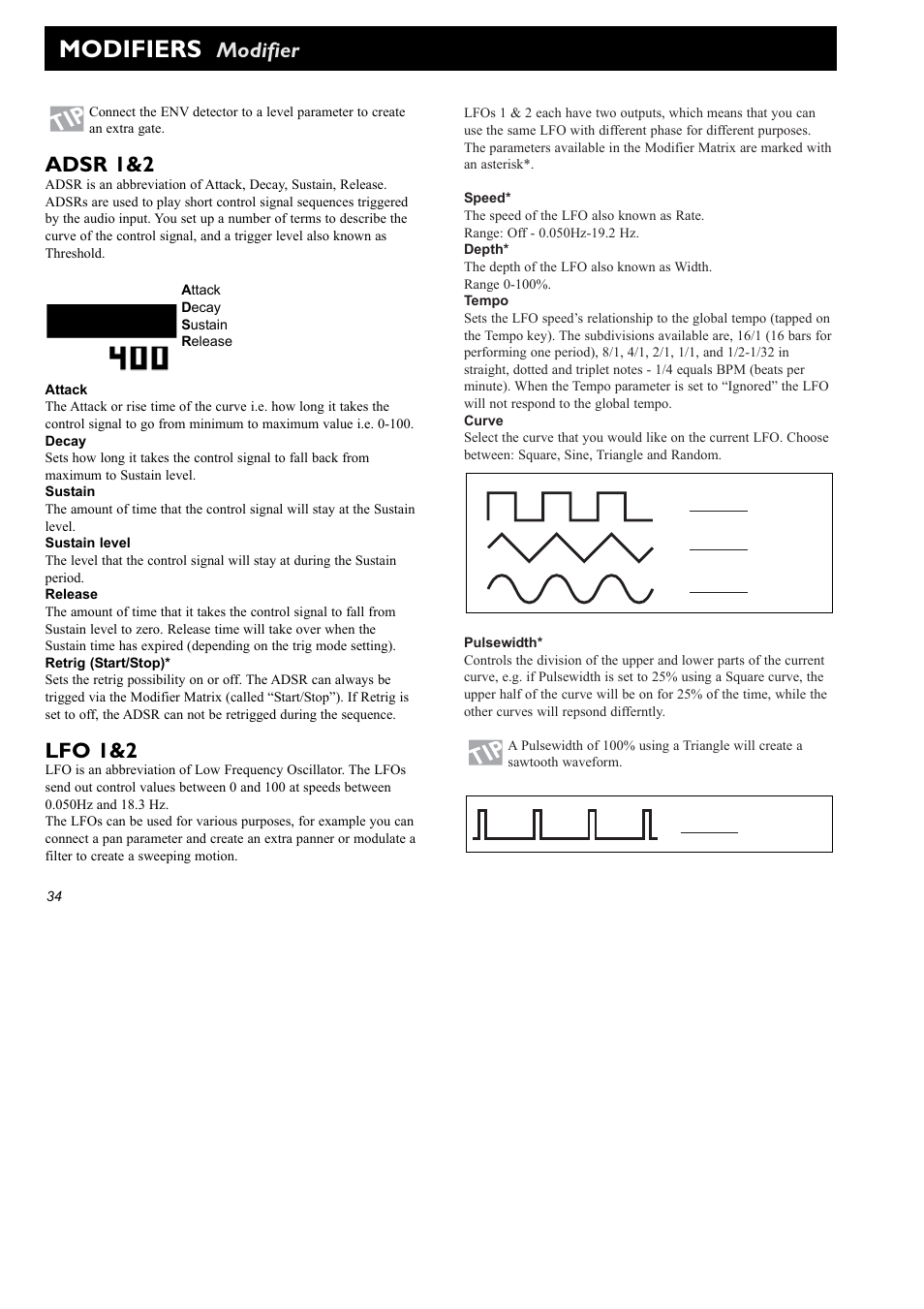 Modifiers, Modifier, Adsr 1&2 | Lfo 1&2 | TC Electronic FireworX User Manual | Page 36 / 82