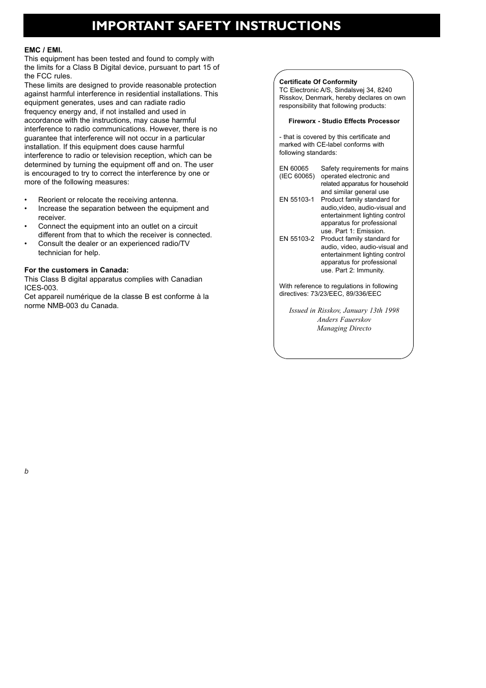Important safety instructions | TC Electronic FireworX User Manual | Page 4 / 82