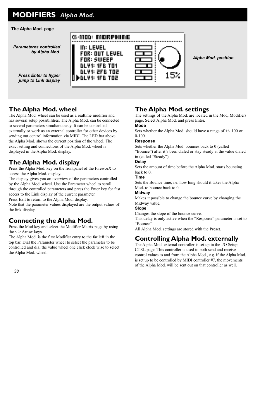 Modifiers, Alpha mod. the alpha mod. settings, Controlling alpha mod. externally | The alpha mod. wheel, The alpha mod. display, Connecting the alpha mod | TC Electronic FireworX User Manual | Page 40 / 82