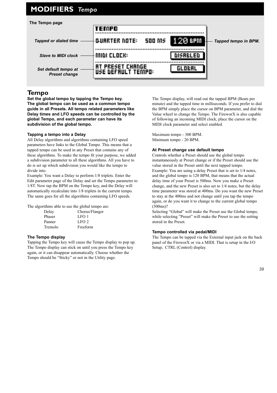 Modifiers, Tempo | TC Electronic FireworX User Manual | Page 41 / 82