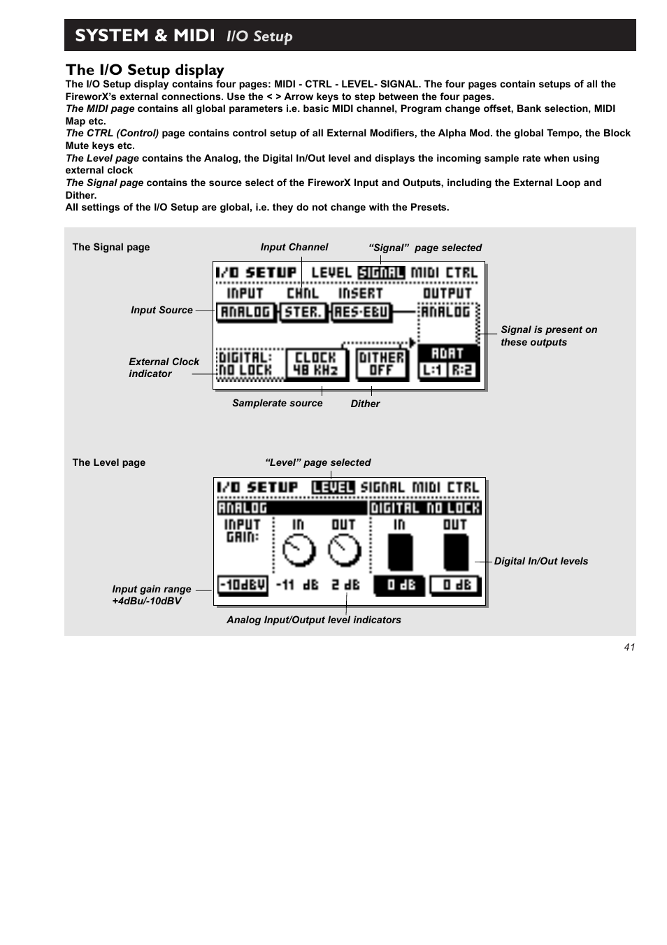 System & midi, The i/o setup display, I/o setup | TC Electronic FireworX User Manual | Page 43 / 82