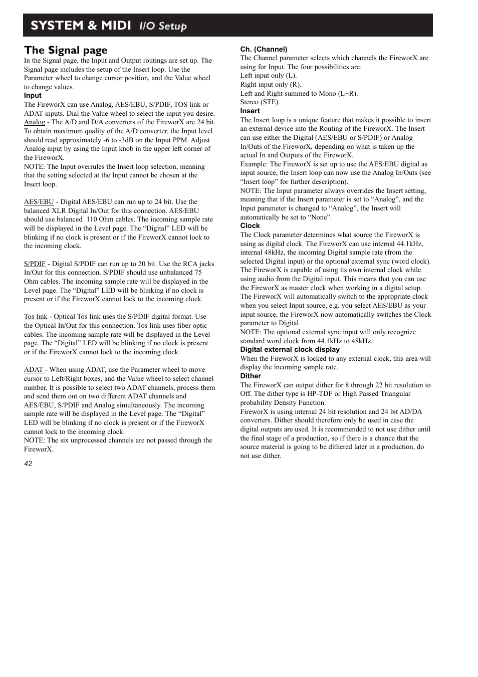 System & midi, I/o setup the signal page | TC Electronic FireworX User Manual | Page 44 / 82