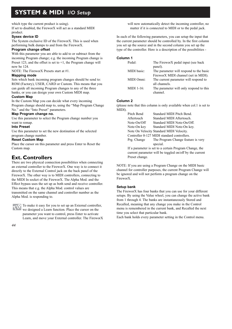 System & midi, I/o setup, Ext. controllers | TC Electronic FireworX User Manual | Page 46 / 82